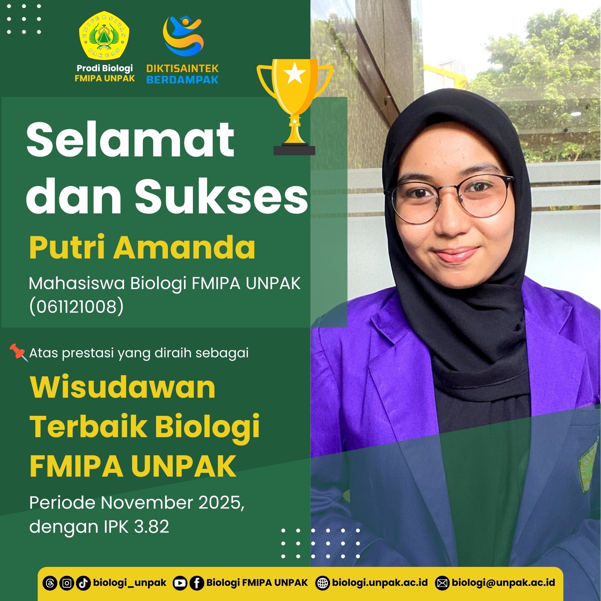 Putri Amanda Wisudawan Prodi Biologi Terbaik Periode November 2025 