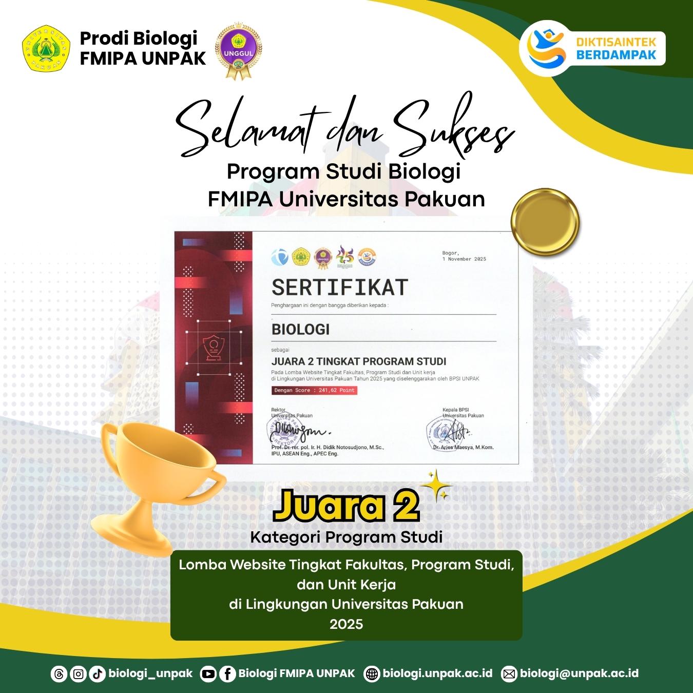Program Studi Biologi FMIPA Universitas Pakuan Raih Juara 2 Lomba Website Kategori Program Studi Tahun 2025