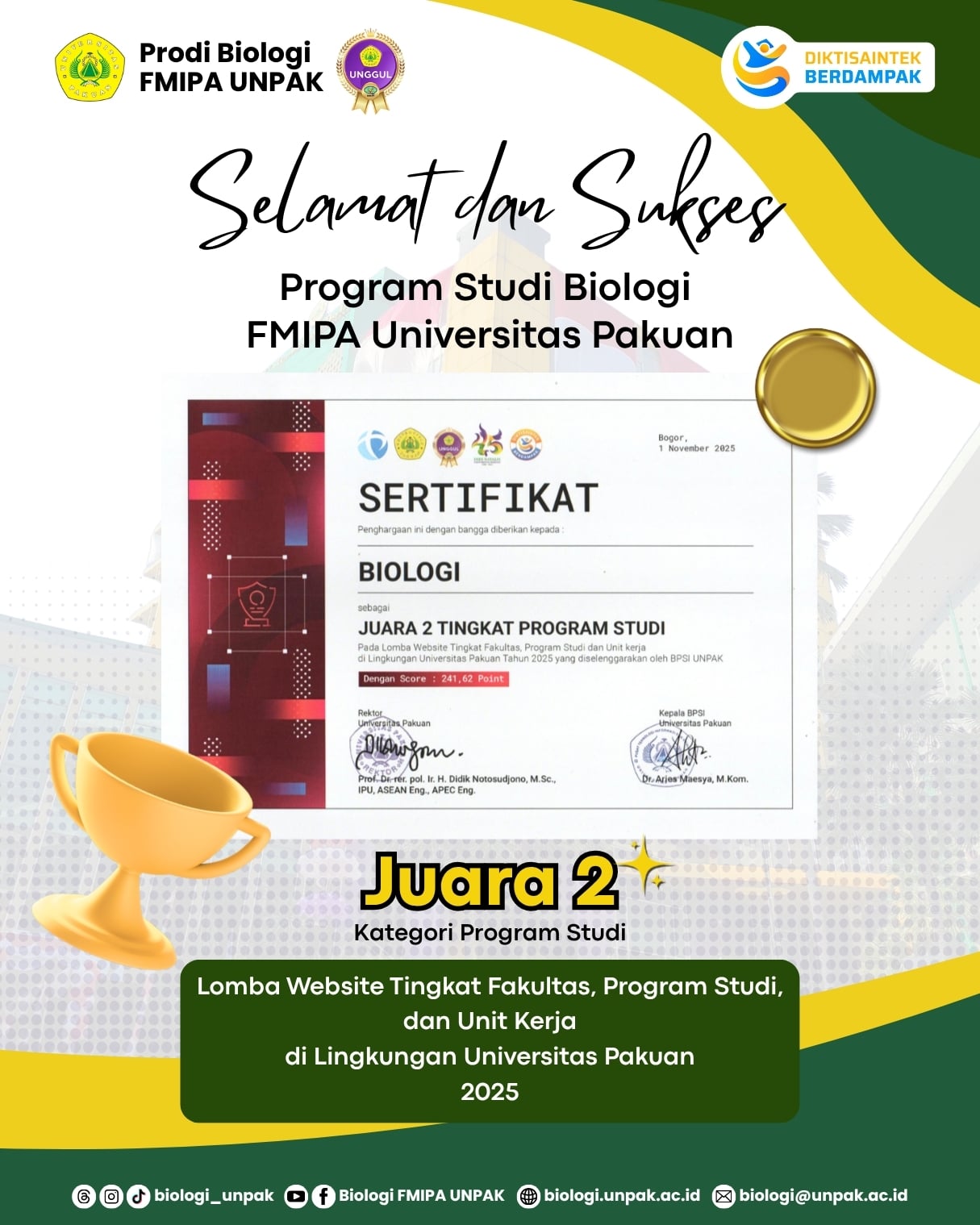 Program Studi Biologi FMIPA Universitas Pakuan Raih Juara 2 Lomba Website Kategori Program Studi Tahun 2025