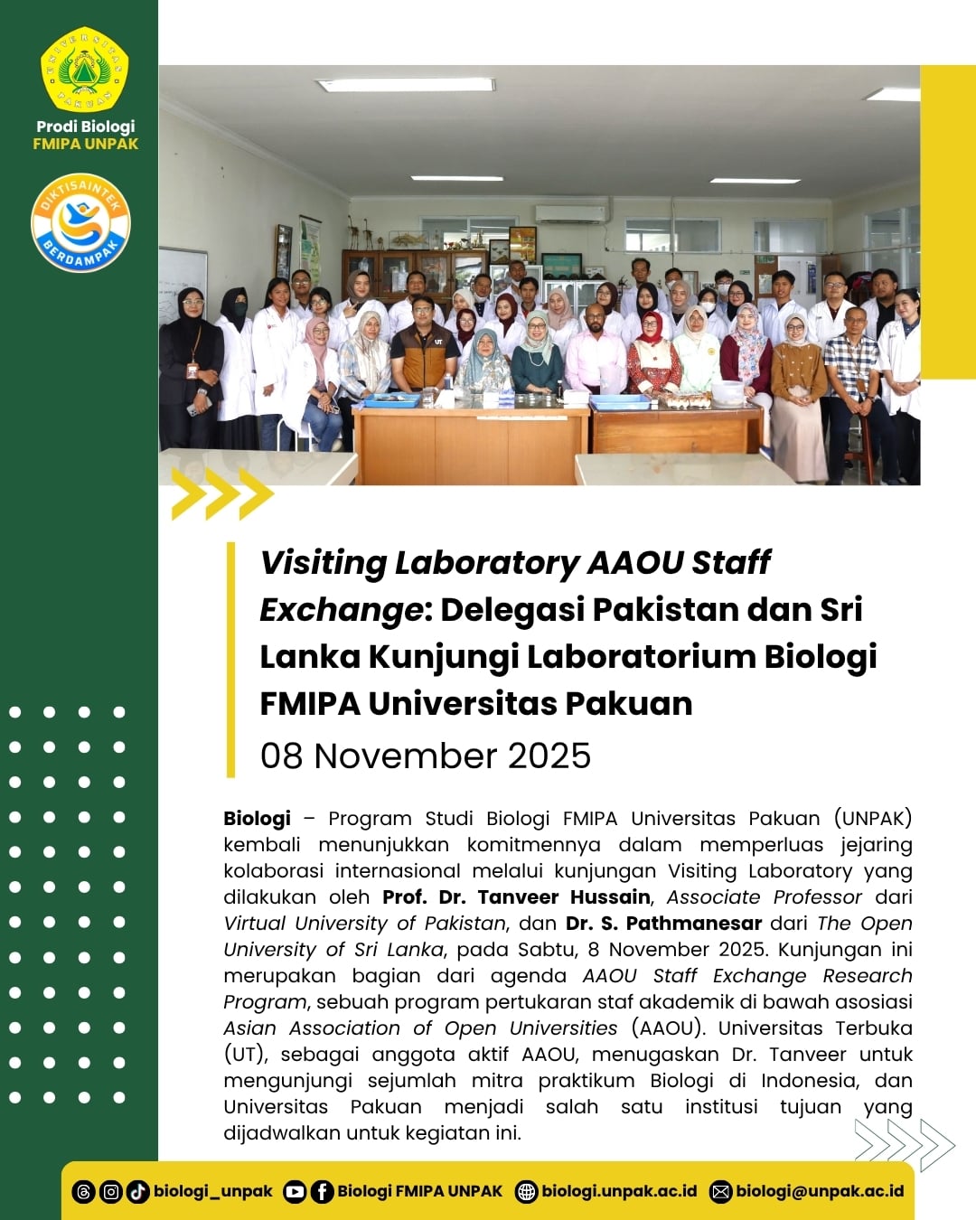 Visiting Laboratory AAOU Staff Exchange: Delegasi Pakistan dan Sri Lanka Kunjungi Laboratorium Biologi FMIPA Universitas Pakuan