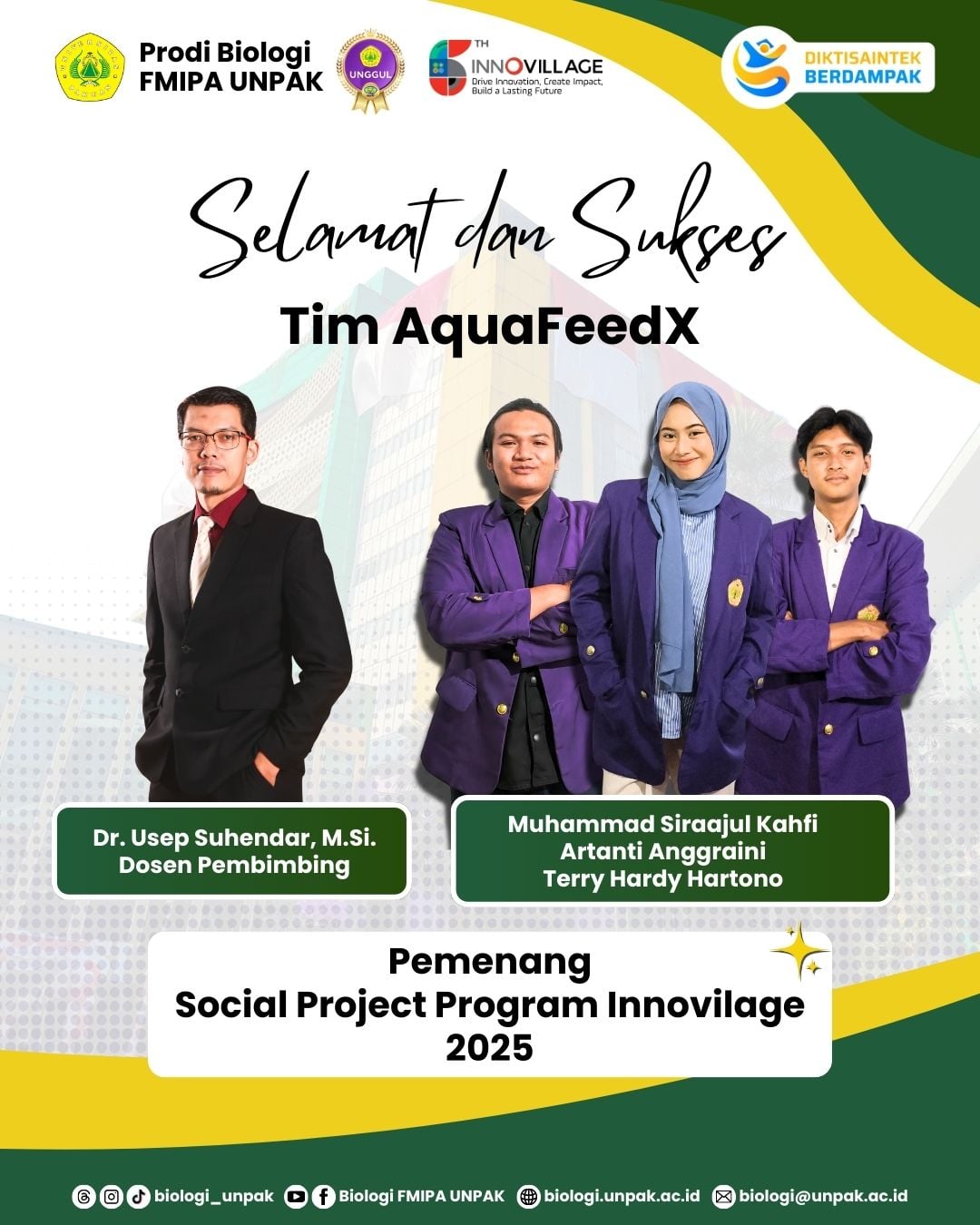 Tim AquaFeedX Mahasiswa Biologi dan Ilmu Komputer FMIPA UNPAK Meraih Pendanaan Social Project Program Innovillage 2025