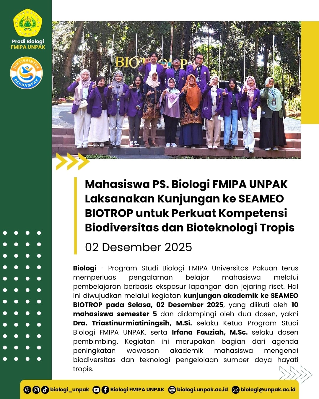 Mahasiswa PS. Biologi FMIPA UNPAK Laksanakan Kunjungan Akademik ke SEAMEO BIOTROP untuk Perkuat Kompetensi Biodiversitas dan Bioteknologi Tropis