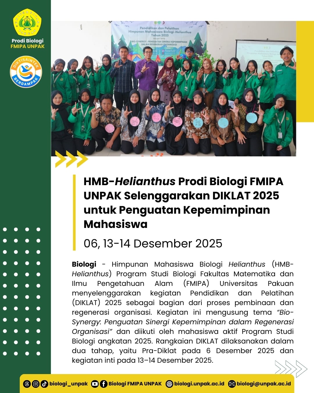 HMB-Helianthus Prodi Biologi FMIPA UNPAK Selenggarakan DIKLAT 2025 untuk Penguatan Kepemimpinan Mahasiswa