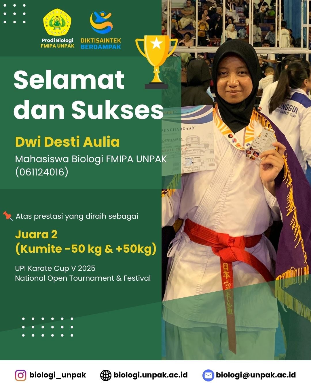 Selamat dan Sukses! Dwi Desti Aulia Raih Juara 2 Kumite -50 kg & +50 kg di UPI Karate Cup V 2025