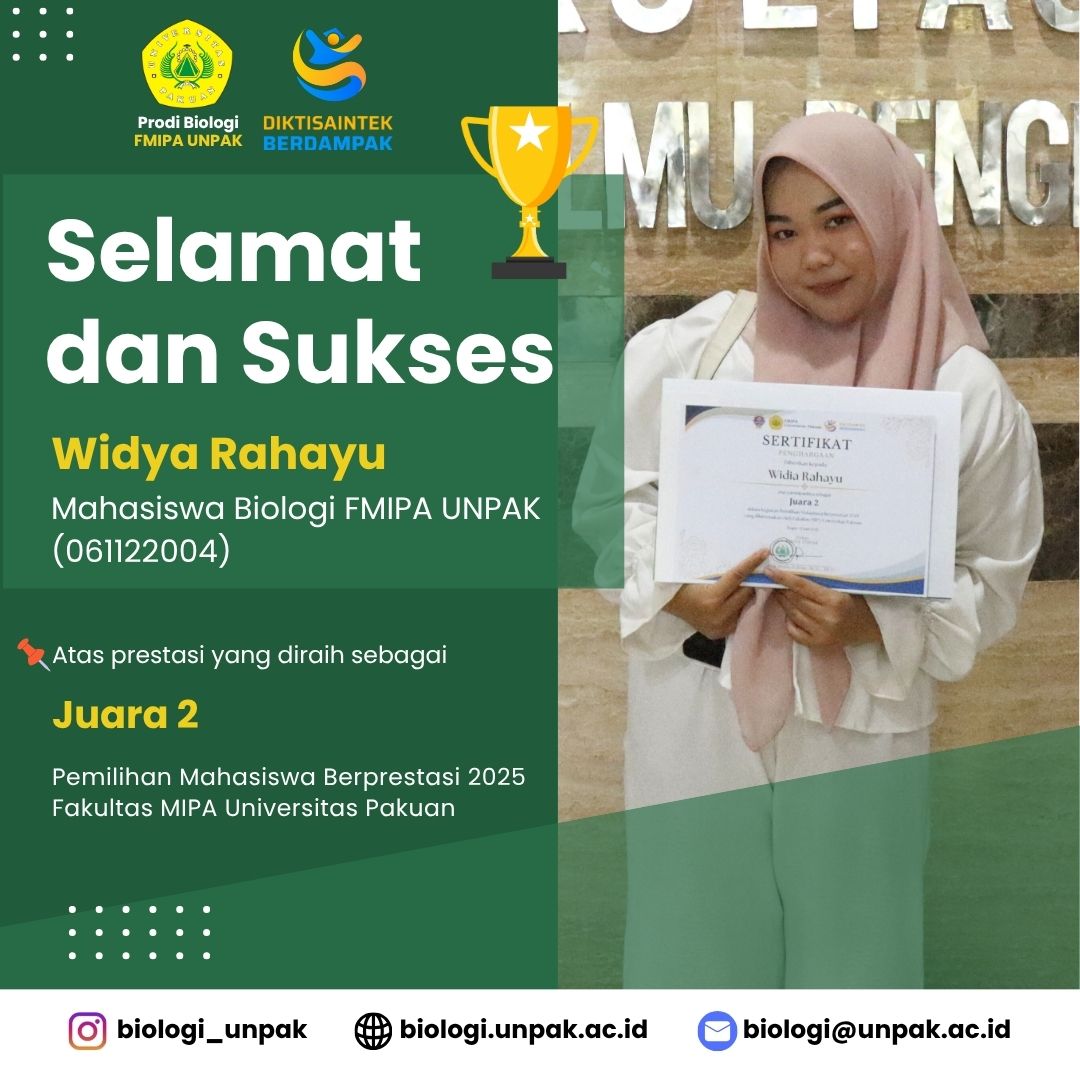 Selamat Kepada Widya Rahayu, meraih Juara 2 dalam ajang Pemilihan Mahasiswa Berprestasi 2025 Fakultas MIPA Universitas Pakuan