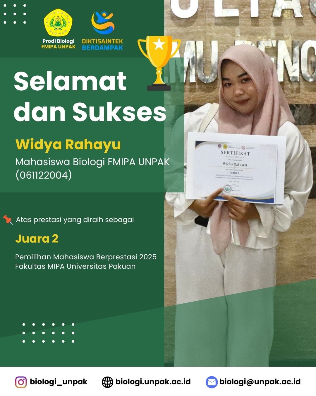 Selamat Kepada Widia Rahayu, meraih Juara 2 dalam ajang Pemilihan Mahasiswa Berprestasi 2025 Fakultas MIPA Universitas Pakuan