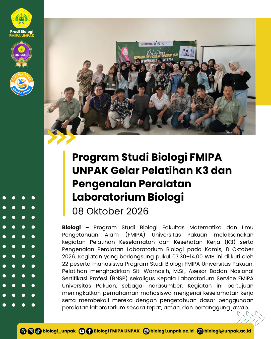 Program Studi Biologi FMIPA UNPAK Gelar Pelatihan K3 dan Pengenalan Peralatan Laboratorium Biologi