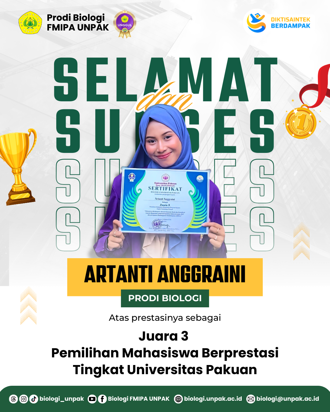 Artanti Anggraini Mahasiswa Biologi UNPAK Wakili FMIPA UNPAK dan Raih Juara 3 Pilmapres Tingkat Universitas