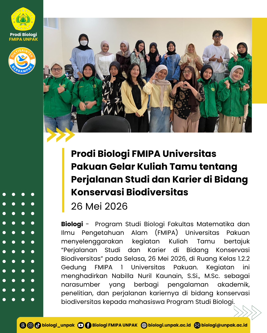 Prodi Biologi FMIPA Universitas Pakuan Gelar Kuliah Tamu tentang Perjalanan Studi dan Karier di Bidang Konservasi Biodiversitas