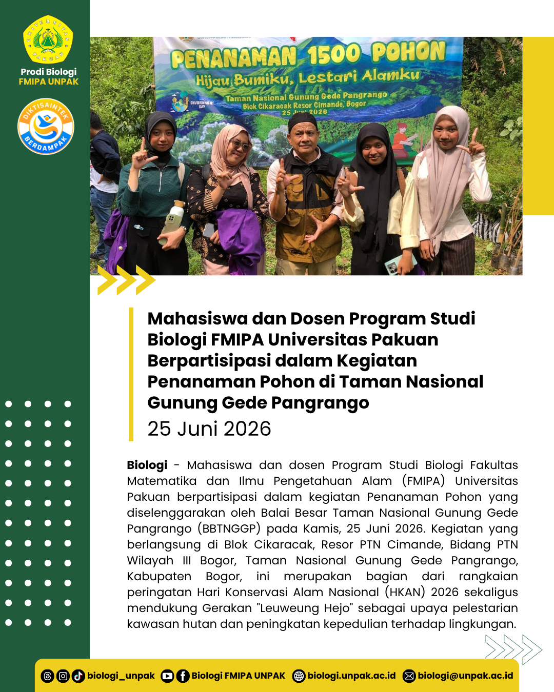 Mahasiswa dan Dosen Program Studi Biologi FMIPA Universitas Pakuan Berpartisipasi dalam Kegiatan Penanaman Pohon di Taman Nasional Gunung Gede Pangrango