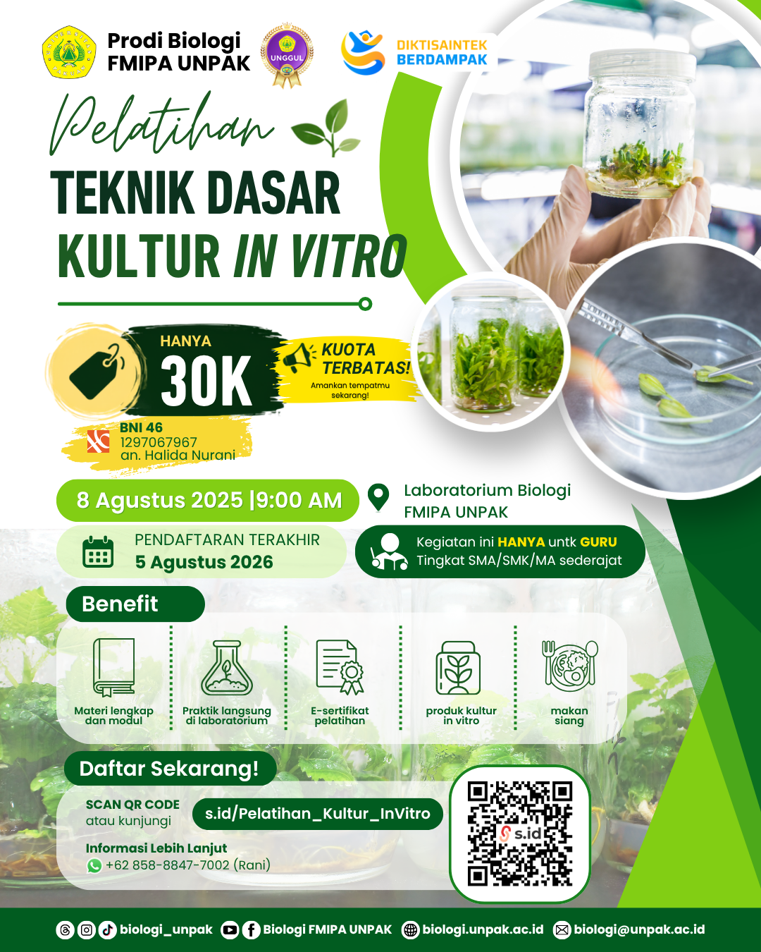 Pelatihan Teknik Dasar Kultur Jaringan Tanaman (In Vitro) untuk Guru