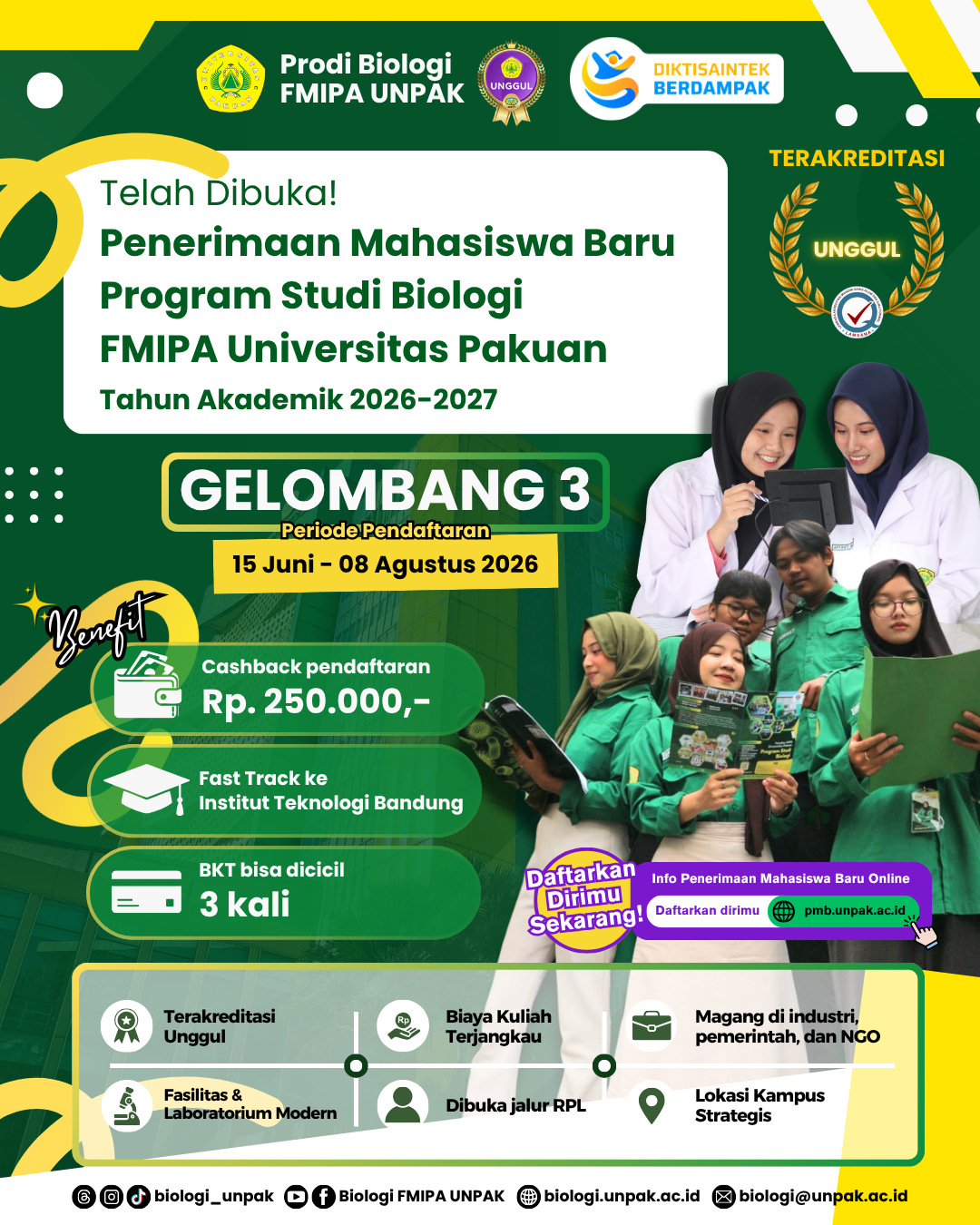 Penerimaan Mahasiswa Baru Program Studi Biologi FMIPA Universitas Pakuan telah dibuka!