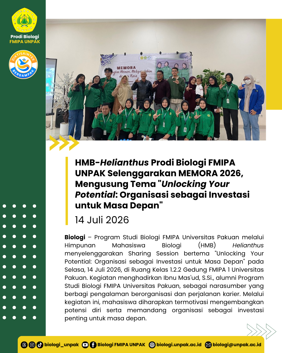 HMB-Helianthus Prodi Biologi FMIPA UNPAK Selenggarakan MEMORA 2026, Mengusung Tema 