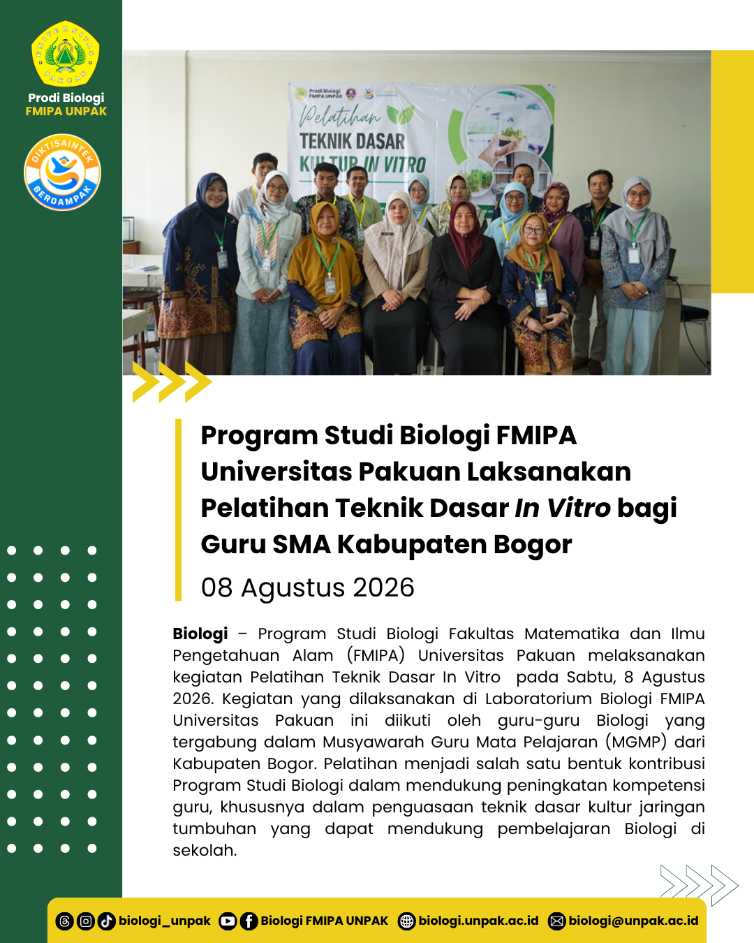 Program Studi Biologi FMIPA Universitas Pakuan Laksanakan Pelatihan Teknik Dasar In Vitro bagi Guru SMA Kabupaten Bogor