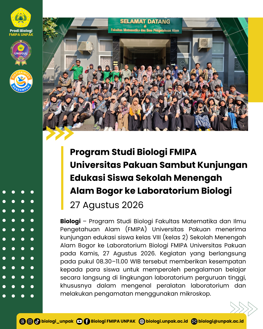 Program Studi Biologi FMIPA Universitas Pakuan Sambut Kunjungan Edukasi Siswa Sekolah Menengah Alam Bogor ke Laboratorium Biologi