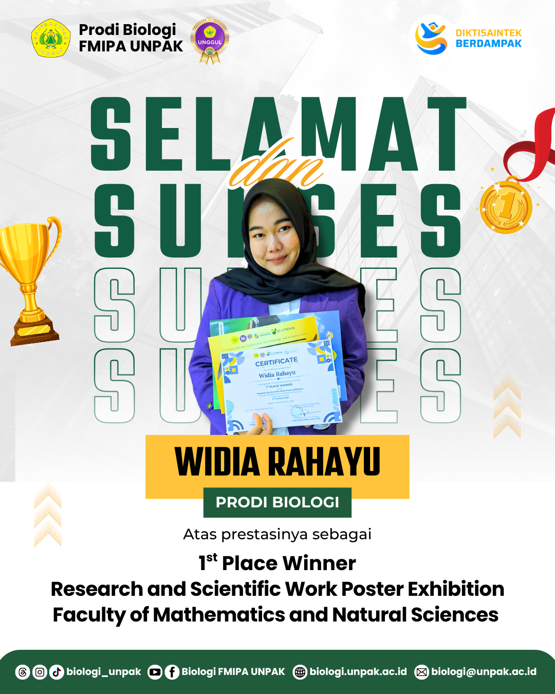 Widia Rahayu, Mahasiswa Biologi FMIPA Universitas Pakuan Raih Juara 1 Research and Scientific Work Poster Exhibition