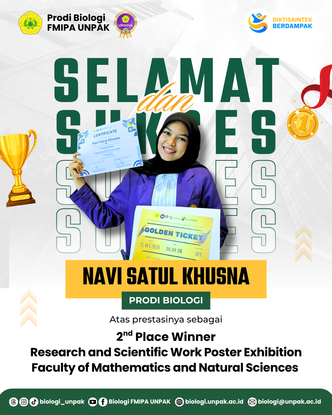 Navi Satul Khusna, Mahasiswa Biologi FMIPA Universitas Pakuan Raih Juara 2 Research and Scientific Work Poster Exhibition