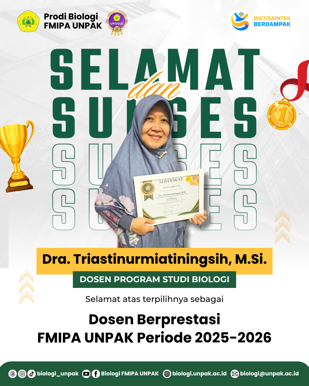 Dra. Triastinurmiatiningsih, M.Si. Terpilih sebagai Dosen Berprestasi FMIPA UNPAK Periode 2025–2026